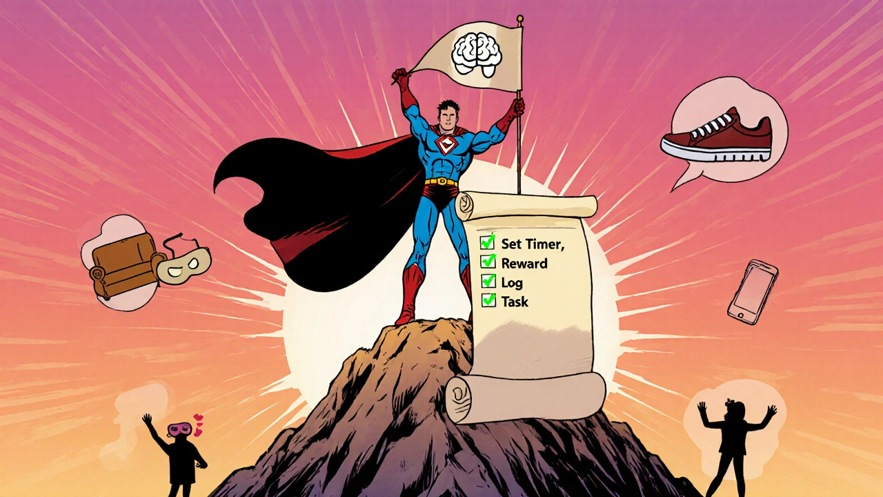 Hero atop a mountain of checkmarks with a journal checklist in sunrise.