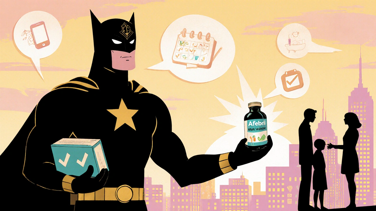 Hero gives child‑proof medication and diary to family on rooftop sunrise.