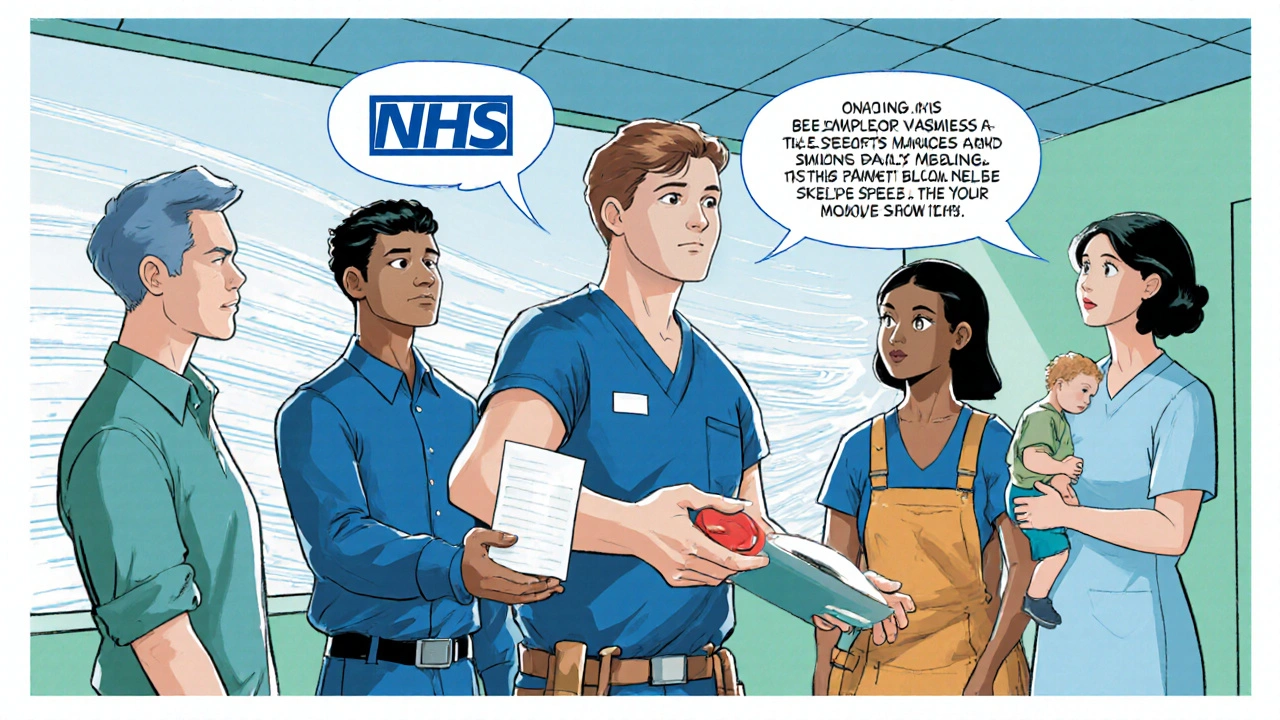 Hero giving daily tablets to a diverse group of patients in a bright clinic, showing relief.