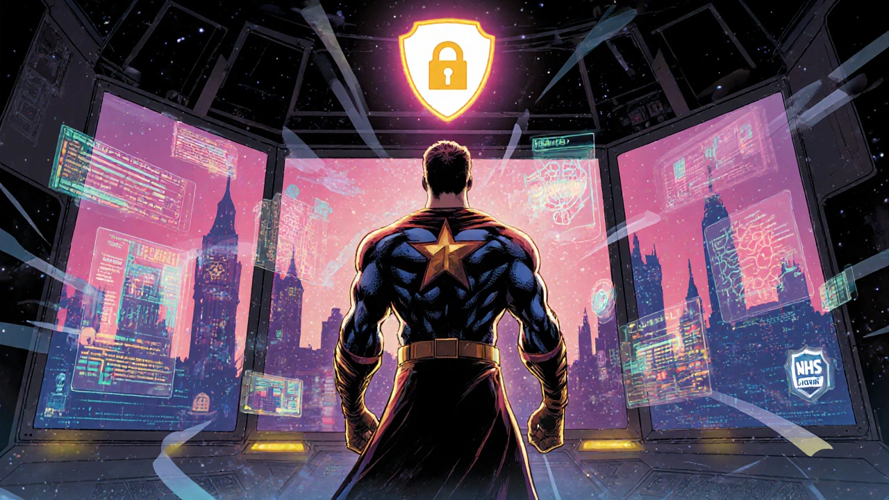 Hero overseeing a high-tech control room displaying personalized therapy data, gamified neurofeedback, and a privacy shield.