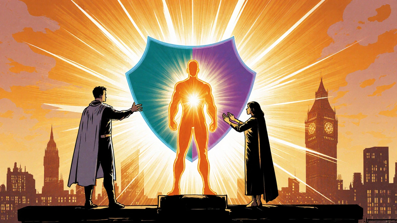 Hero stands on a rooftop with UK skyline, shielded by a team of clinician, counselor, and family, radiating hopeful light.