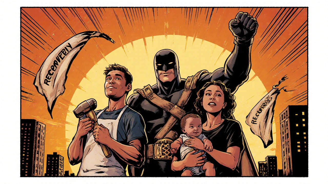 Hero with a carpenter and a mother holding her baby, celebrating recovery at sunrise.