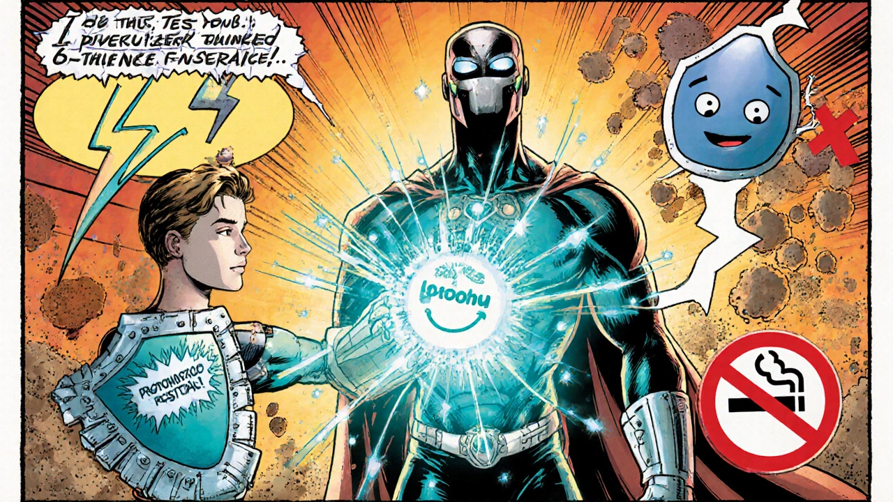 Hero with metronidazole gauntlet and probiotic ally restores mucosal barrier.