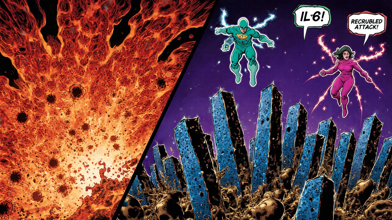 Inflamed vaginal scene with cytokine‑powered heroes battling parasites and displaced lactobacilli.