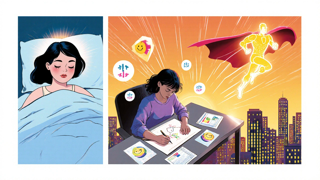 Maya enjoys pain‑free life with superhero Aleviatin soaring above.