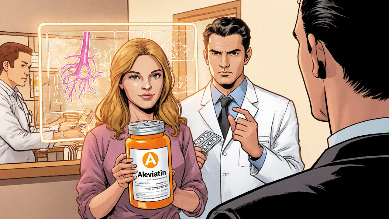 Maya receives Aleviatin prescription from Dr. Hughes and pharmacist.