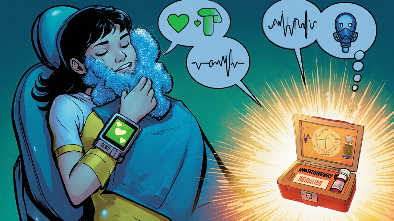 Patient with ice pack and superhero nurse monitoring vitals after anesthesia.