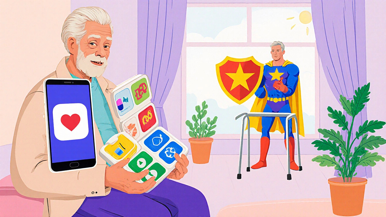 Senior using pill organizer at home with a protective superhero figure nearby.