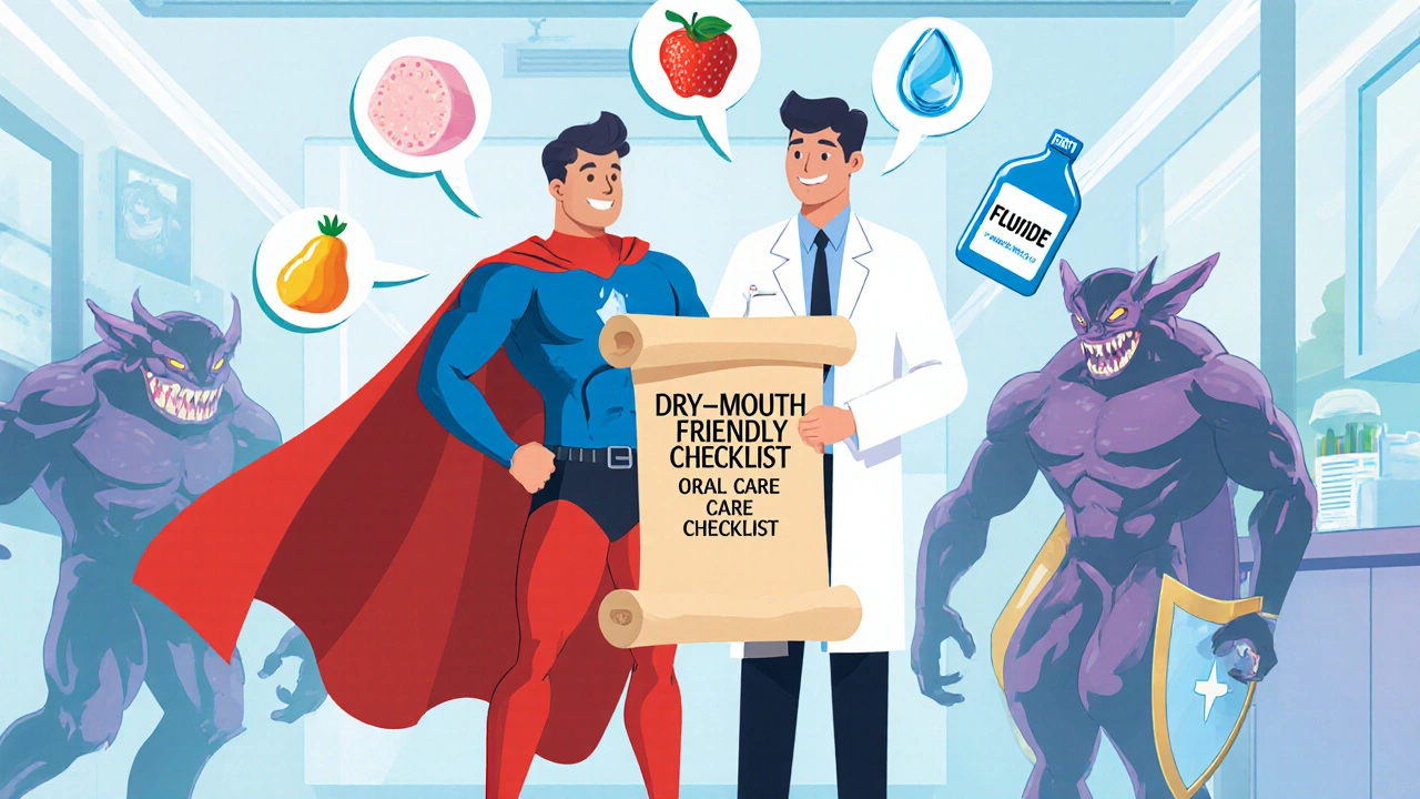 Superhero and dentist hold a checklist as cavity villains flee.