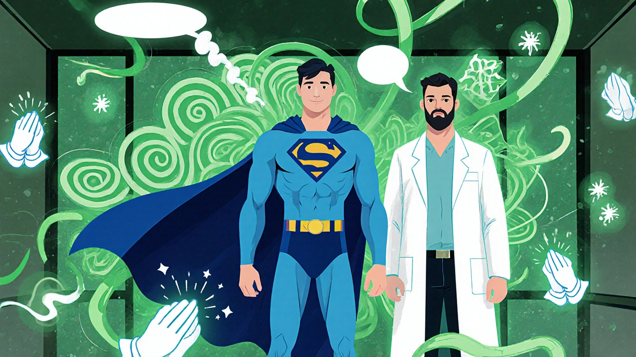 Superhero patient practices mindfulness and prayer with supportive chaplain‑doctor, surrounded by calming visual effects.