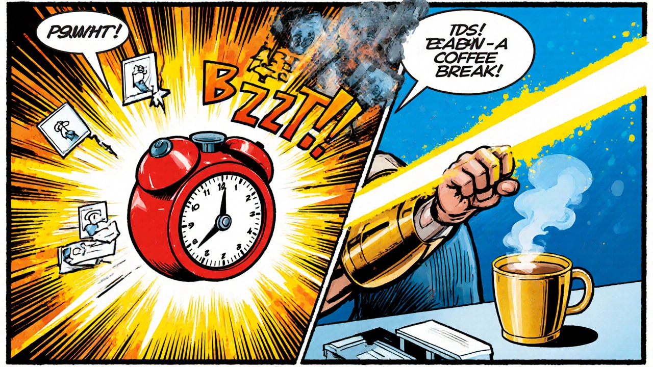 Superhero using a timer gauntlet, micro‑tasks, and reward icons on a desk.