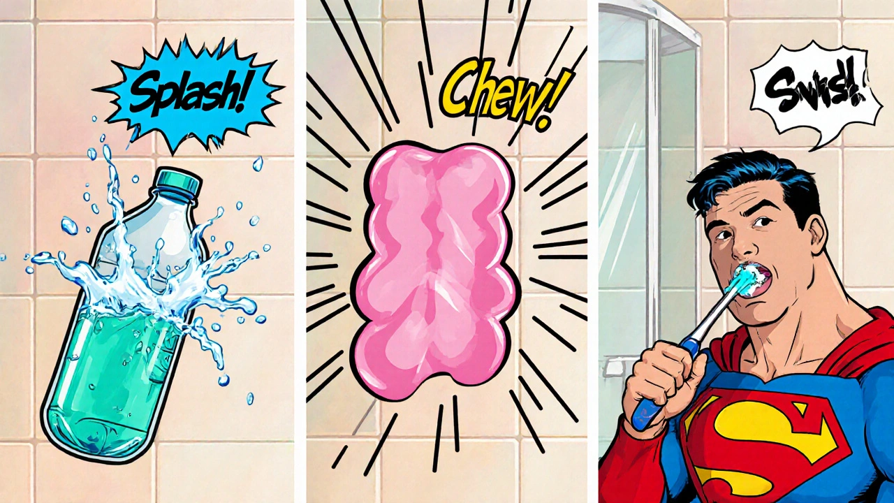 Three comic panels show superhero drinking water, chewing gum, and brushing with soft brush.