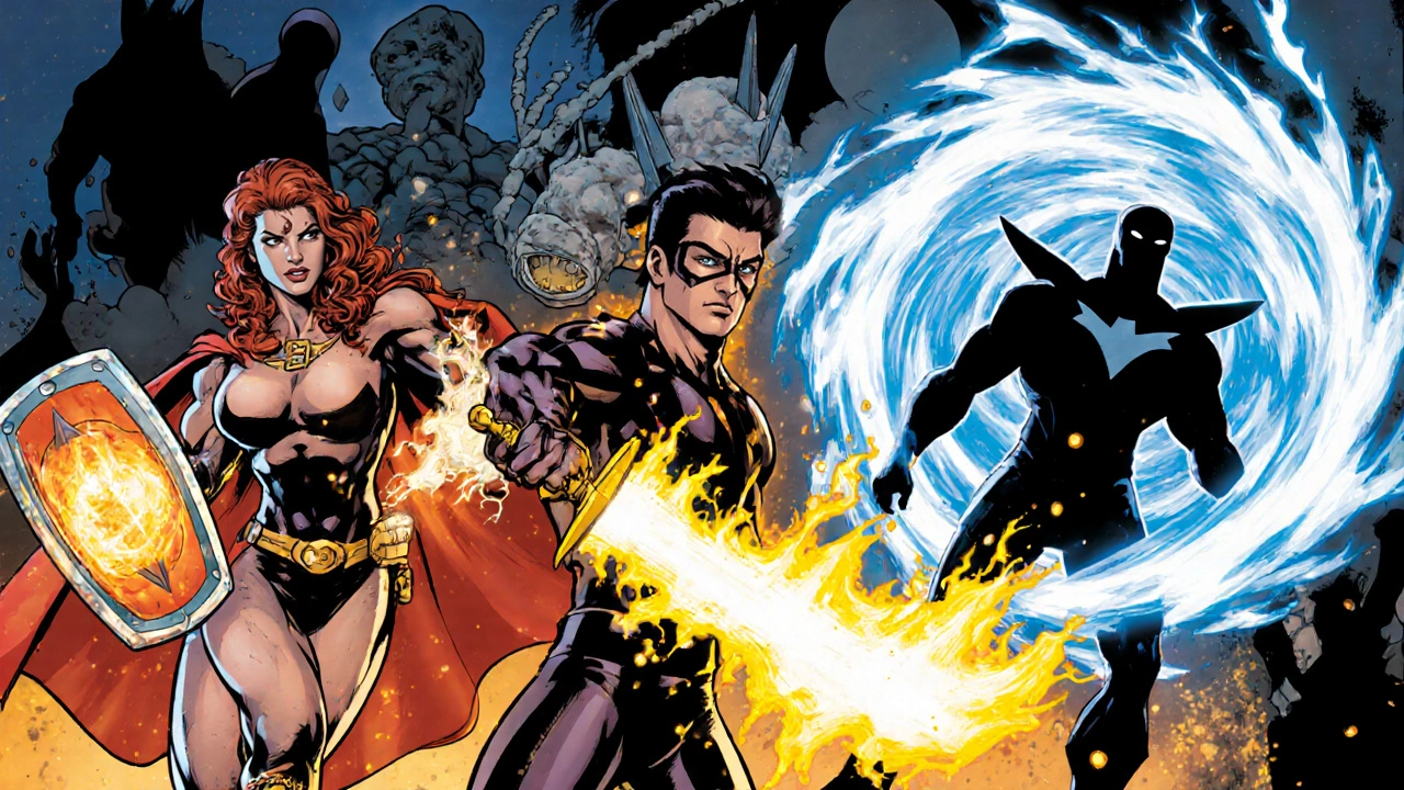 Three lithium hero characters battling flammable liquid, cobalt, and dendrite foes.