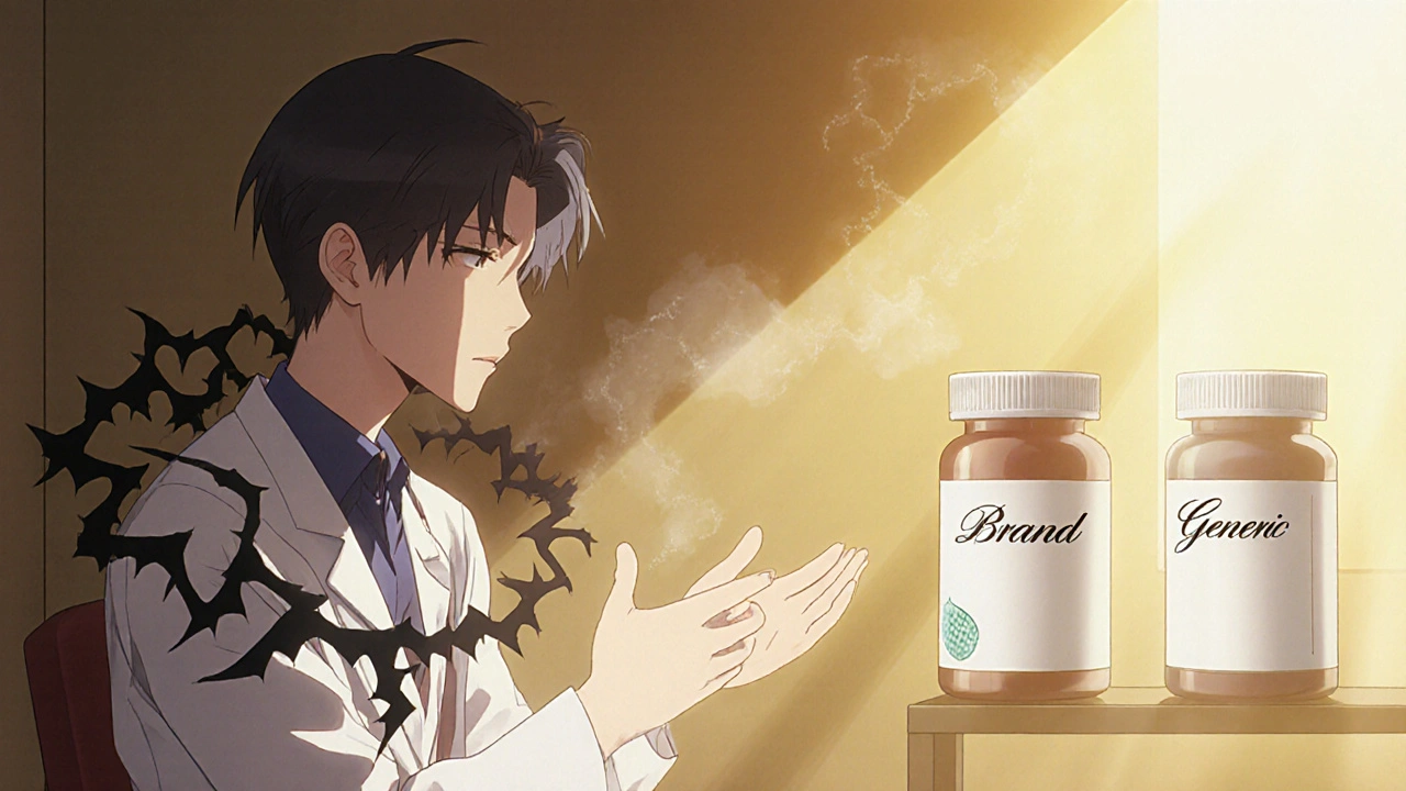 A doctor and patient in a clinic, fear spirals dissolving as two identical pill bottles glow equally.