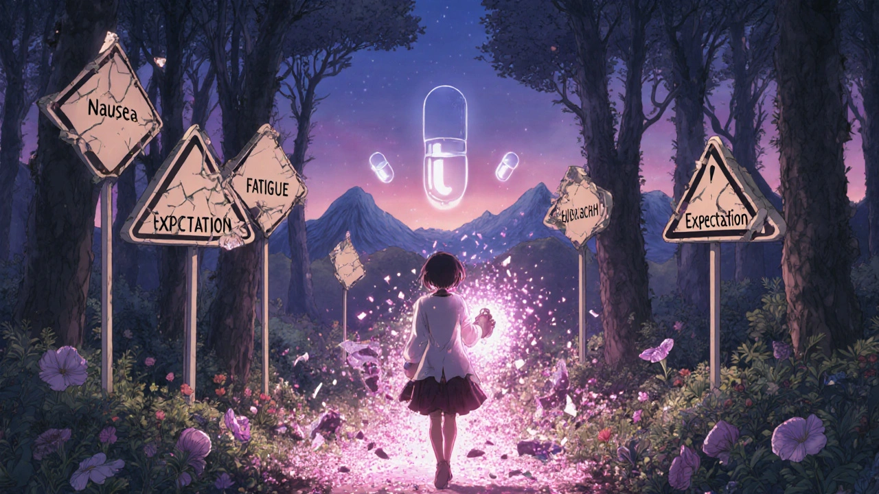 A person walking through a forest of crumbling warning signs, light from an &#039;Expectation&#039; orb reviving flowers.
