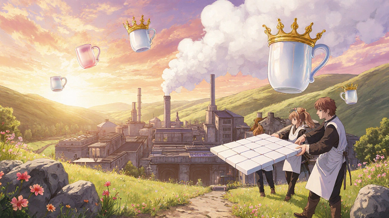 British ceramic factory at sunset with floating porcelain mugs and tiles rising gently into the sky.