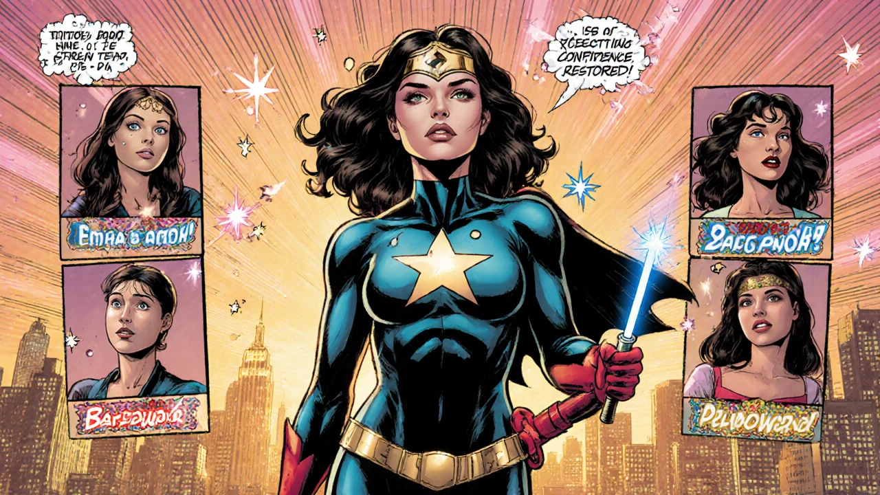 Confident woman with friends, showing reduced facial hair, superhero vibe.