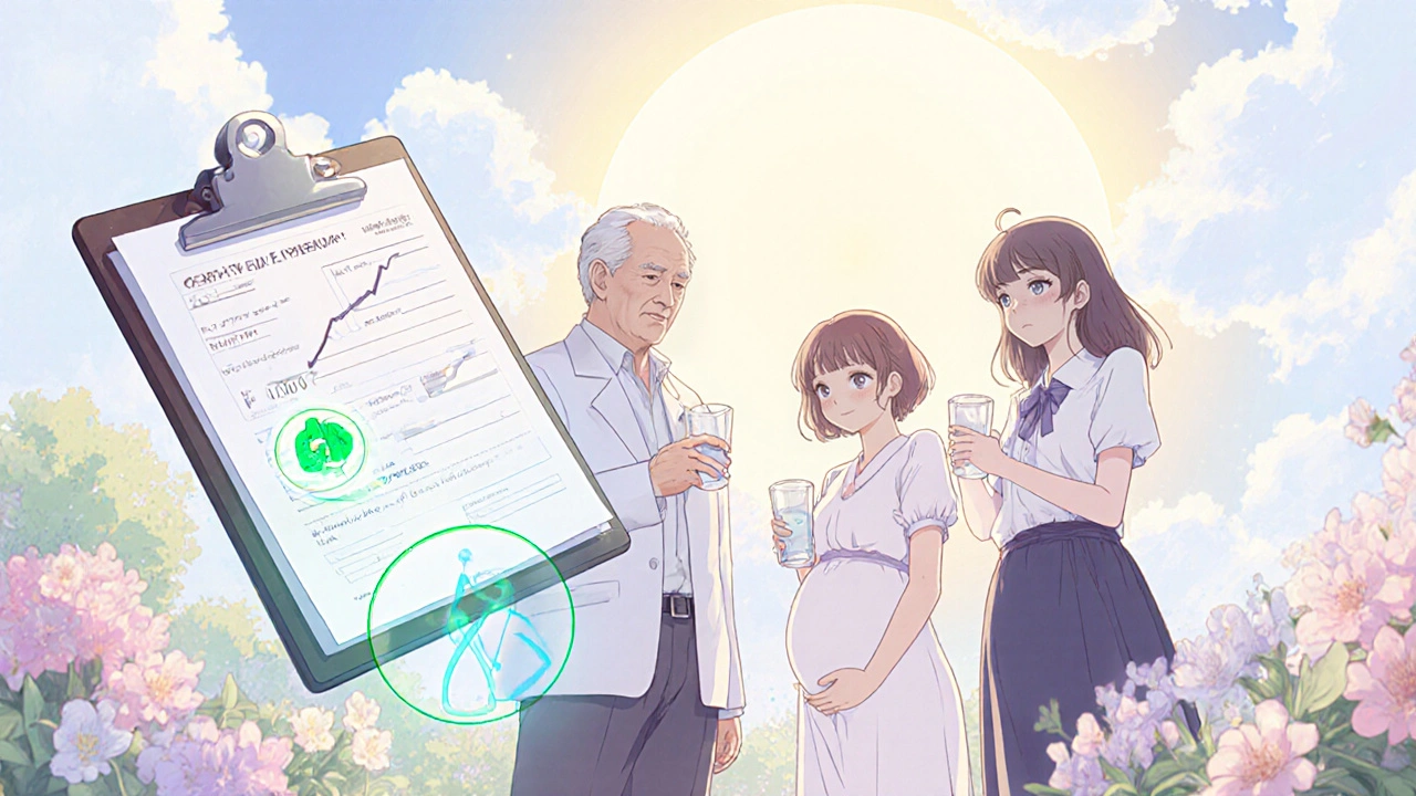 Elderly man, pregnant woman, and teen drink water while a lab report hovers, pastel anime vibe.