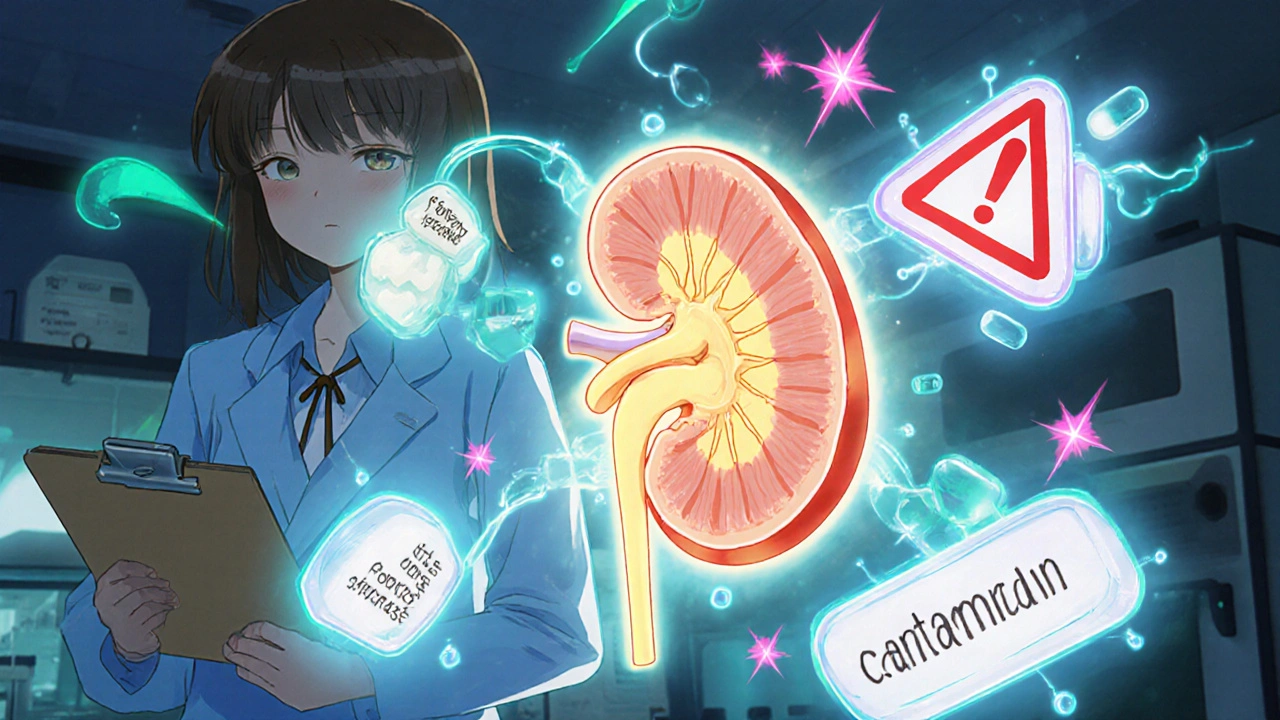 Floating drug tablets clash near a stressed kidney with warning signs in magical anime style.