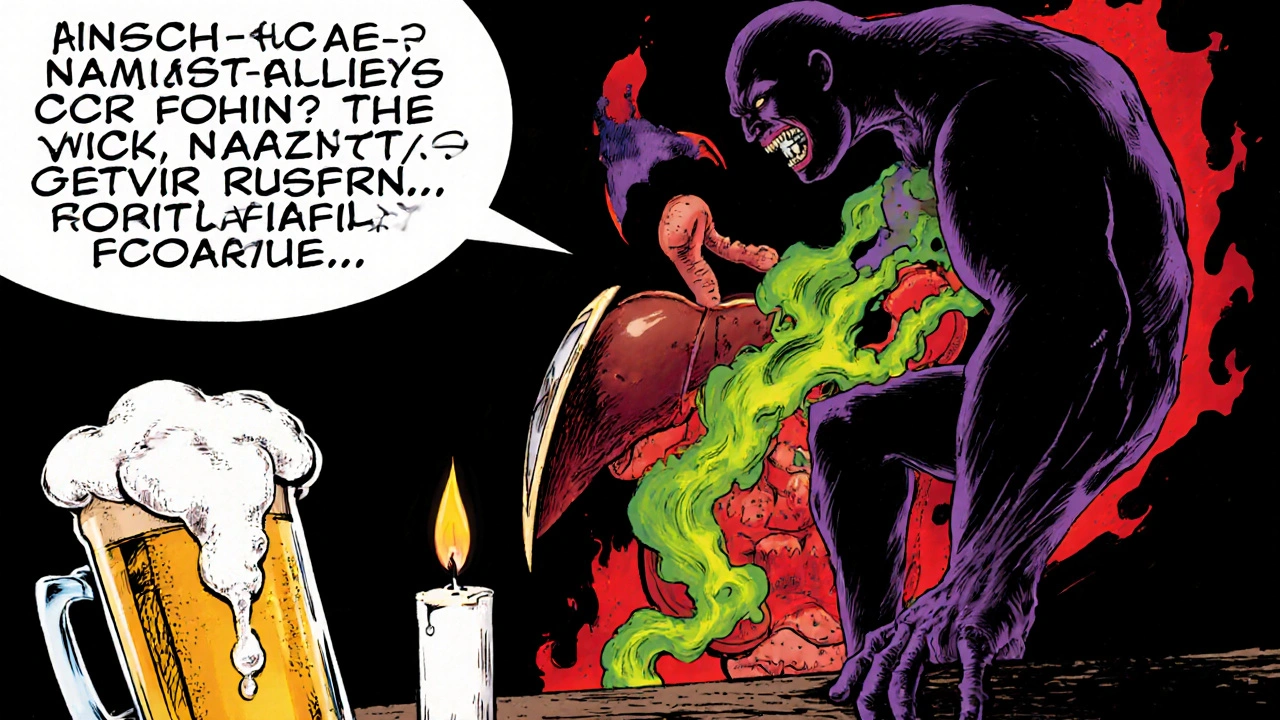 Hero battles green toxic NAPQI monster near a stomach wall with alcohol symbols.