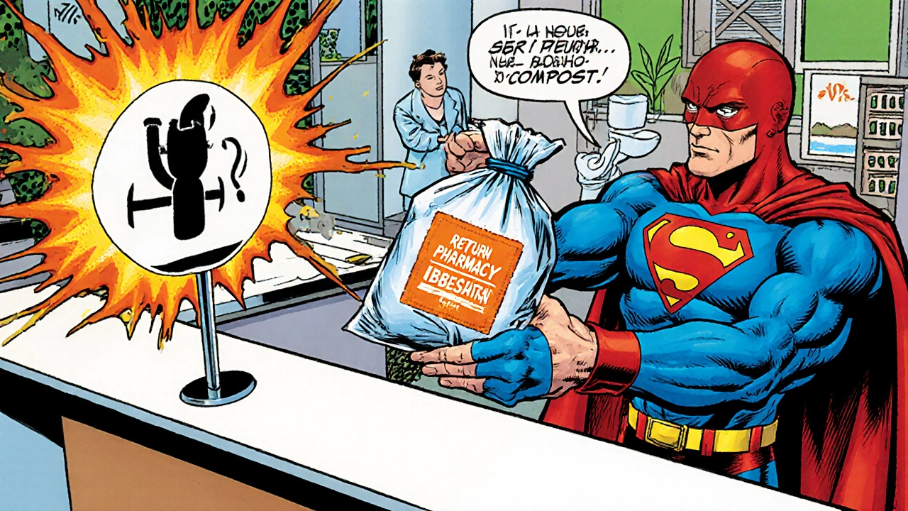 Hero gives sealed Irbesartan bag to pharmacist, emphasizing safe return‑to‑pharmacy disposal.