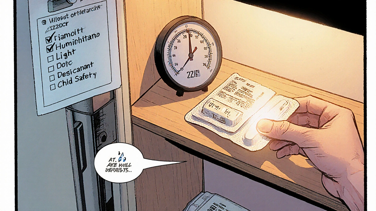 Hero stores Irbesartan blister pack in a locked cabinet with temperature gauge and desiccant.