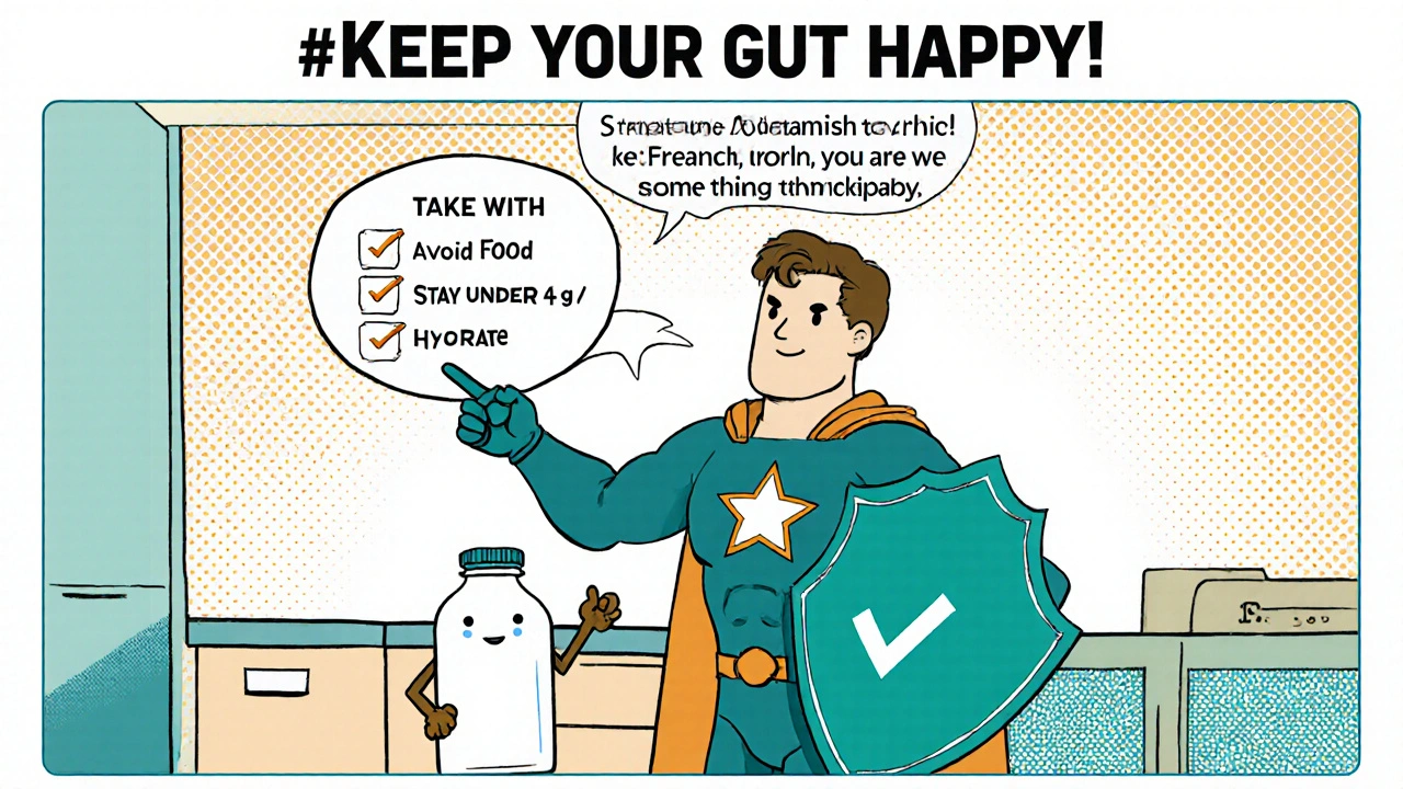 Hero with milk sidekick gives safety checklist, shielding a stomach in comic style.