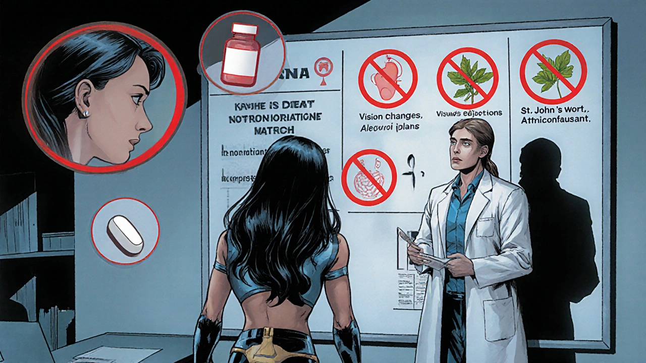 Heroine and doctor discuss urgent side effects, with warning symbols and interacting drug icons.