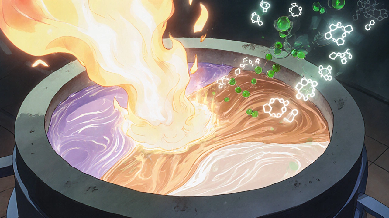 Kiln flames melting glazes into vibrant colors as tiny molecules dance in the air.