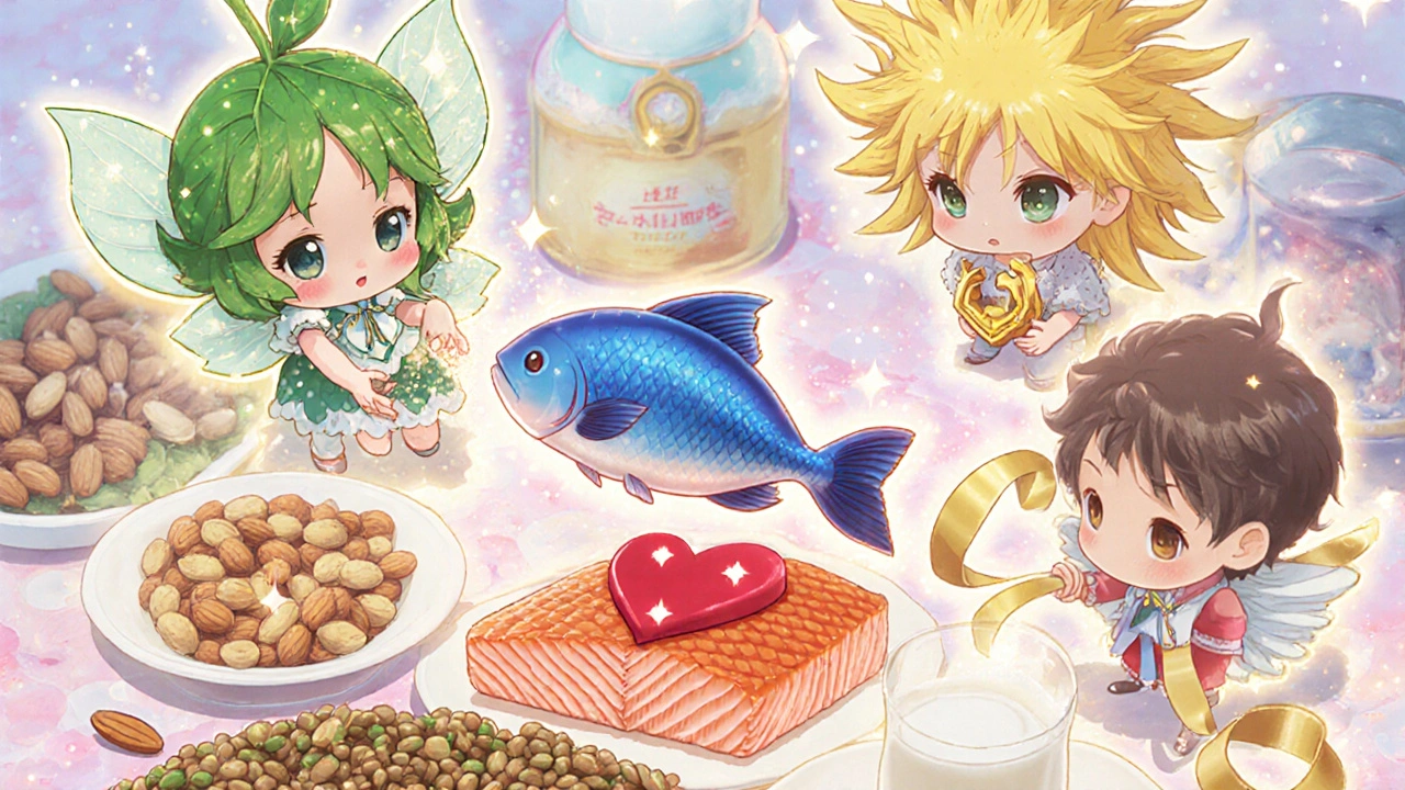 Kitchen scene with animated vitamin spirits around their food sources.