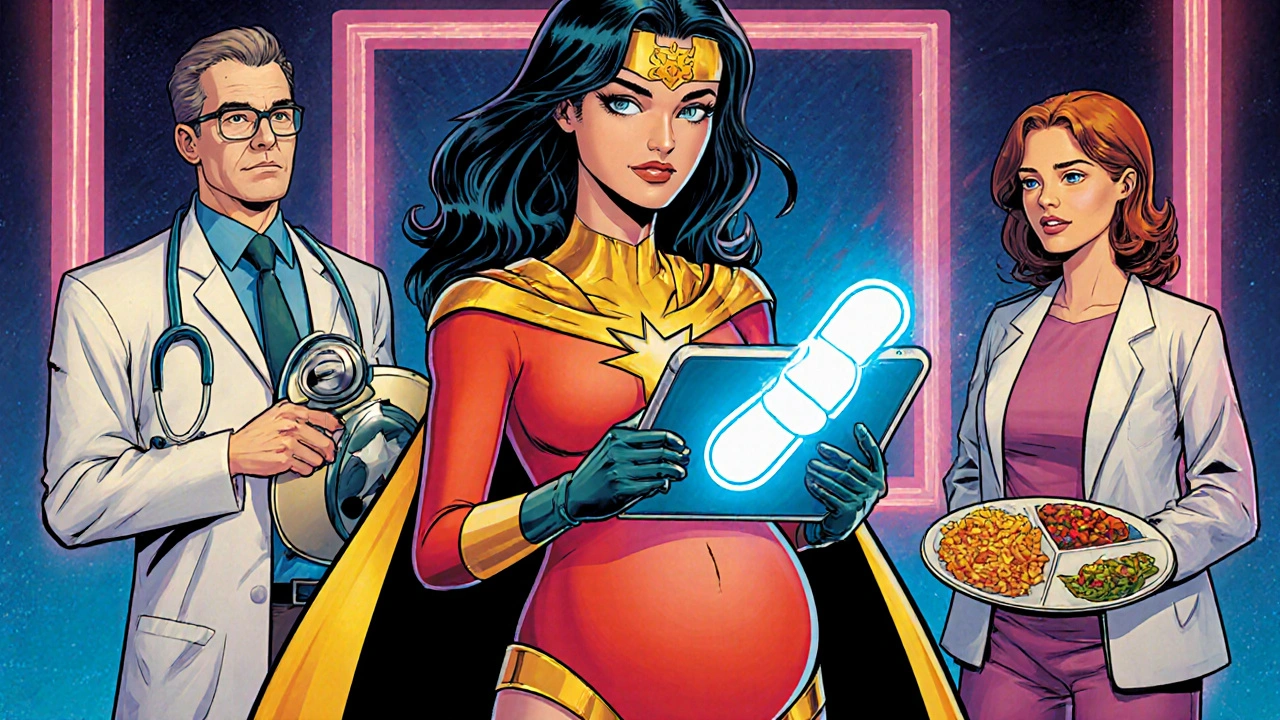 Medical team supporting a pregnant heroine with glowing fetal projection.