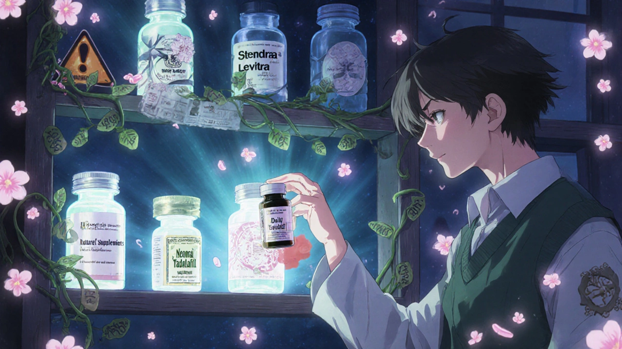Mystical pharmacy shelf with glowing ED medications and shadowy unsafe supplements, wizard reaching for generic pill.