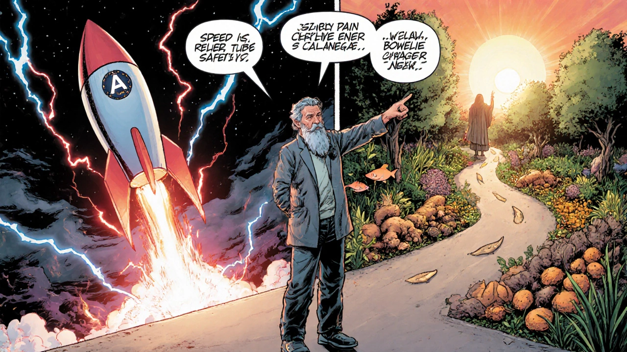 Person at a crossroads choosing between a fast rocket labeled Actimoxi and a calm herbal path.