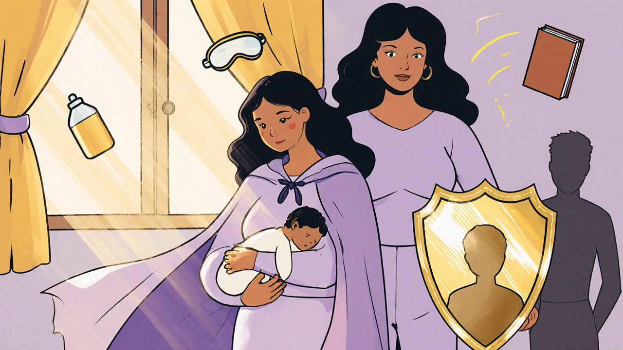 Postpartum mother with newborn, protected by a shield from dark shadows.