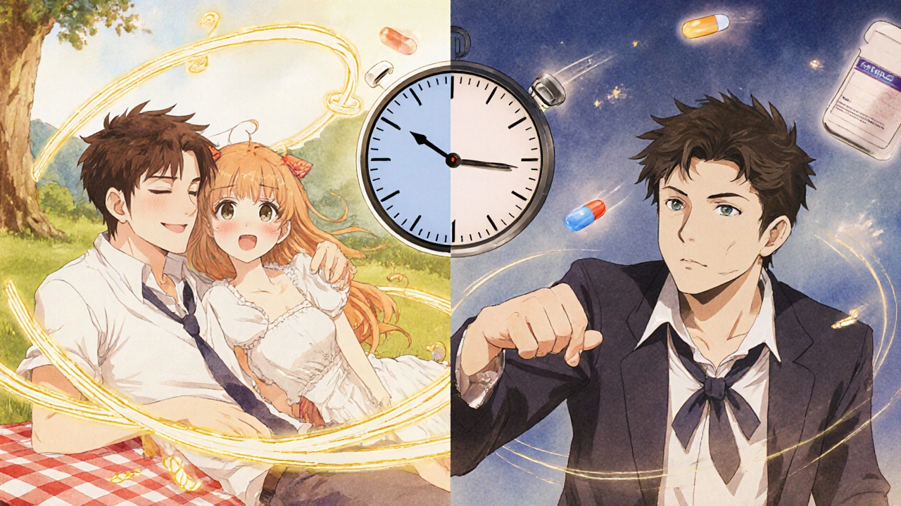 Split scene: one man relaxed on a picnic with long-lasting effect glow, another rushing with short-duration clock.