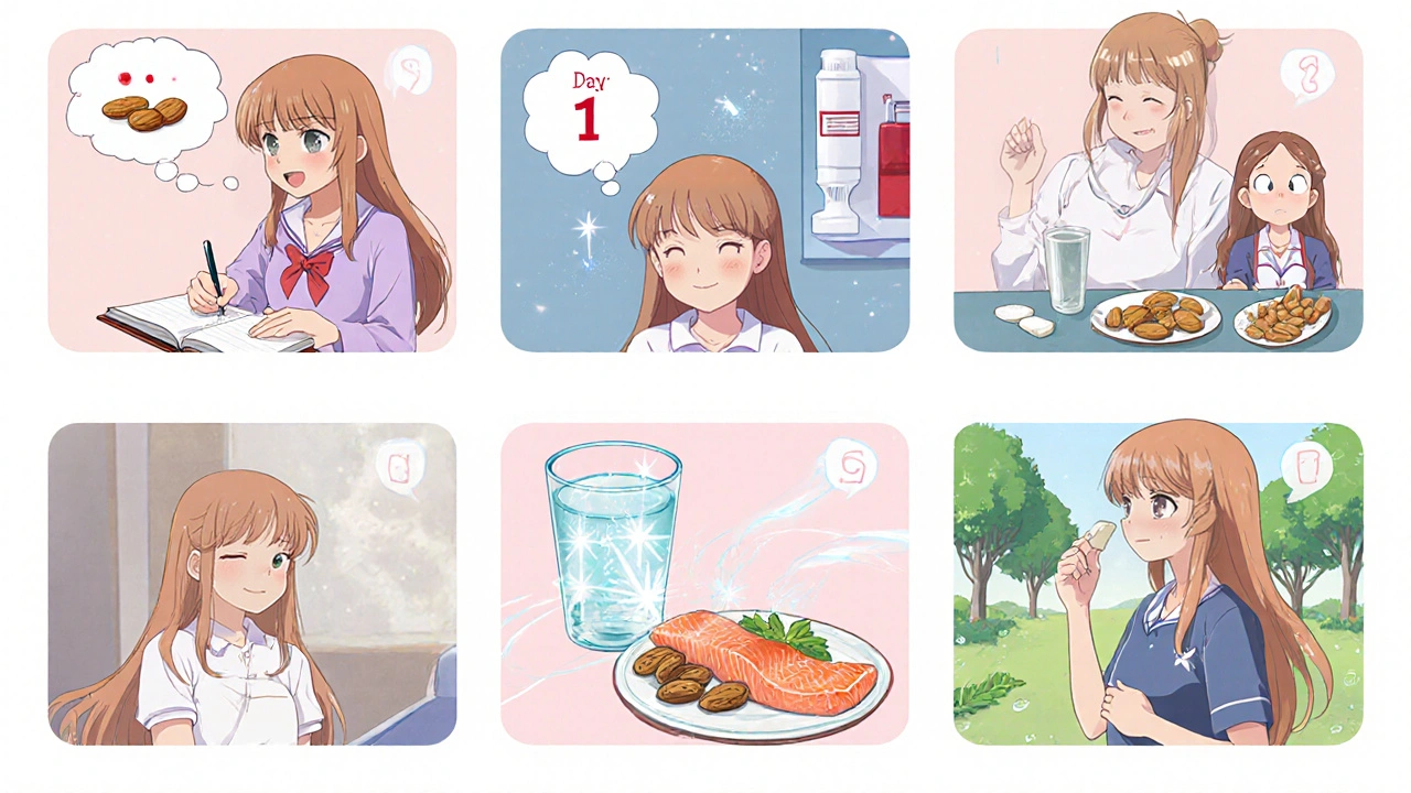 Storyboard of a girl following a 7‑day plan to reduce headaches.