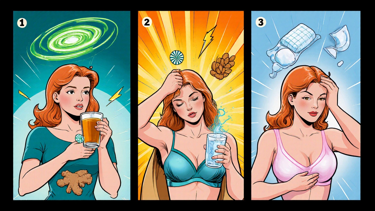 Three comic panels show the heroine managing nausea, headache, and breast tenderness with remedies.