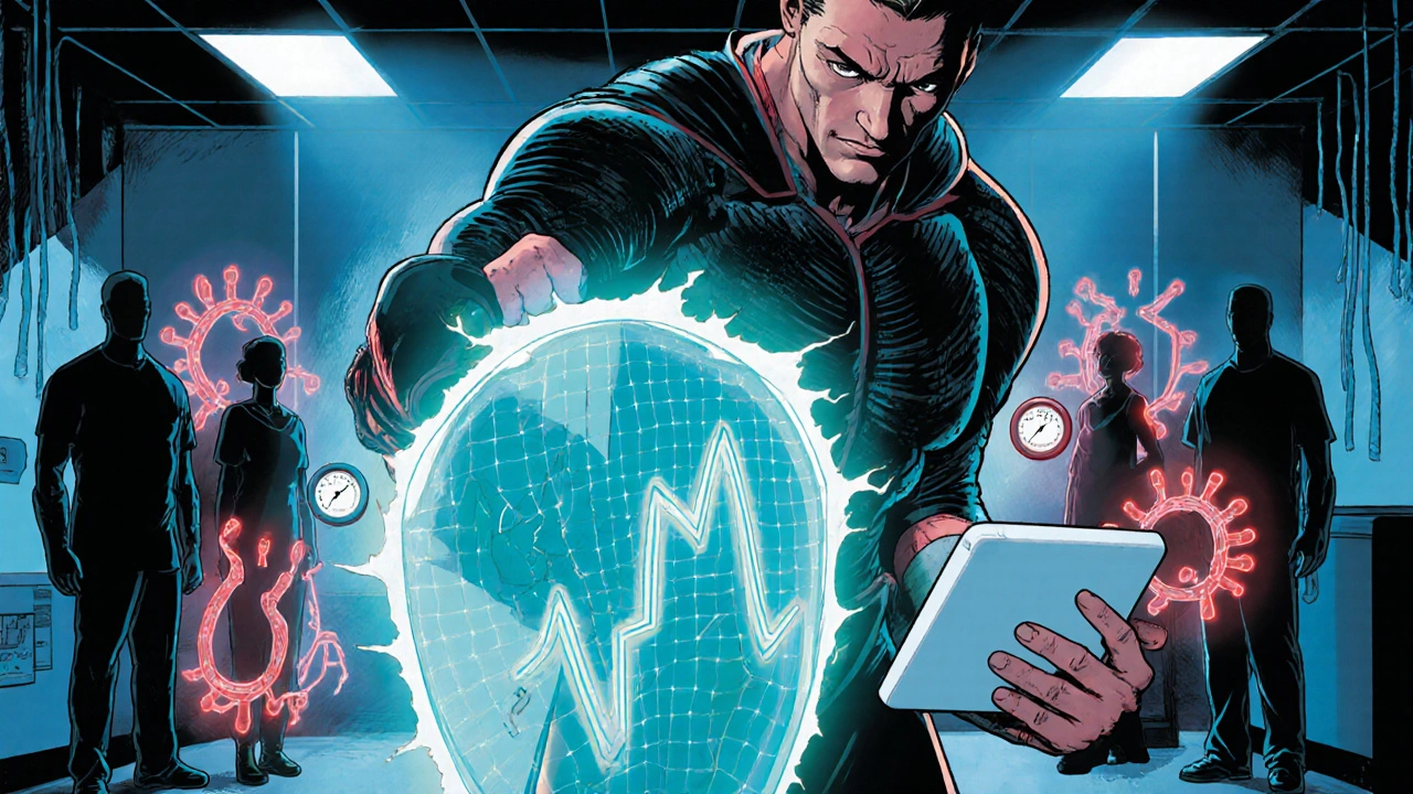 Verapamil hero using a shield to calm a racing heart monitor.