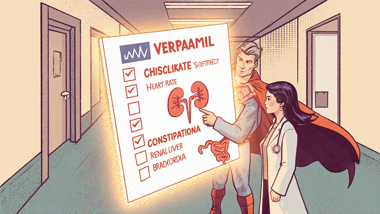 Verapamil with doctor reviewing ECG and safety checklist.