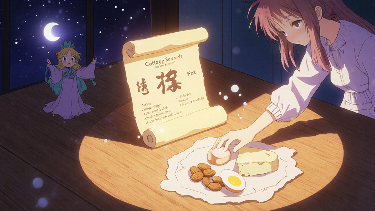 A bedtime snack of protein and fat on a magic table, glowing scroll with balanced sugar symbols, serene night scene.