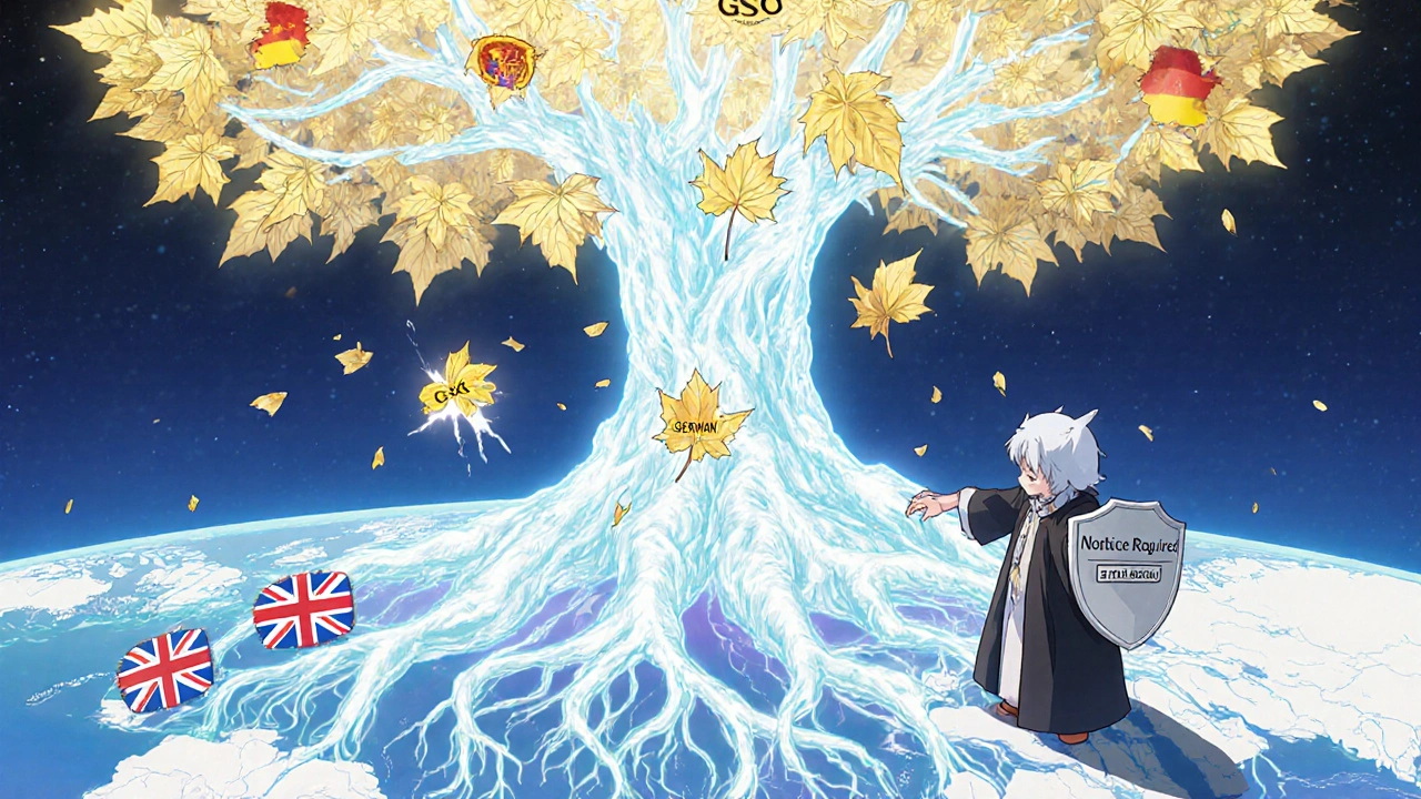 A blockchain tree with global branches shines with GSO leaves, guarded by a legal spirit.