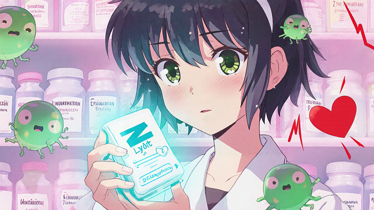 A child holding a magical Z-pack pill as cartoon bacteria flee, with a heart-shaped warning glow nearby.