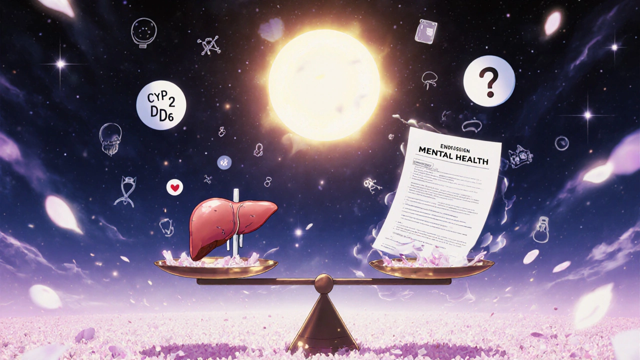 A cosmic scale balancing liver and heart symbols, with medical icons floating around a radiant sun labeled &#039;Mental Health&#039;.