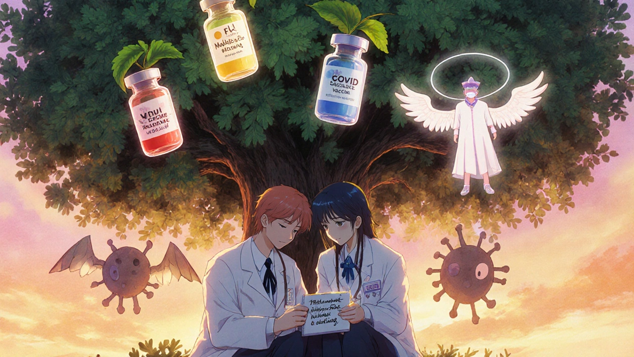 A doctor and patient sit under a tree with vaccine-shaped leaves, protected by a T-cell guardian.