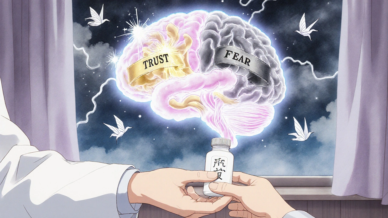 A doctor gives a patient a generic pill as a glowing brain shows trust and fear as magical streams in soft anime style.