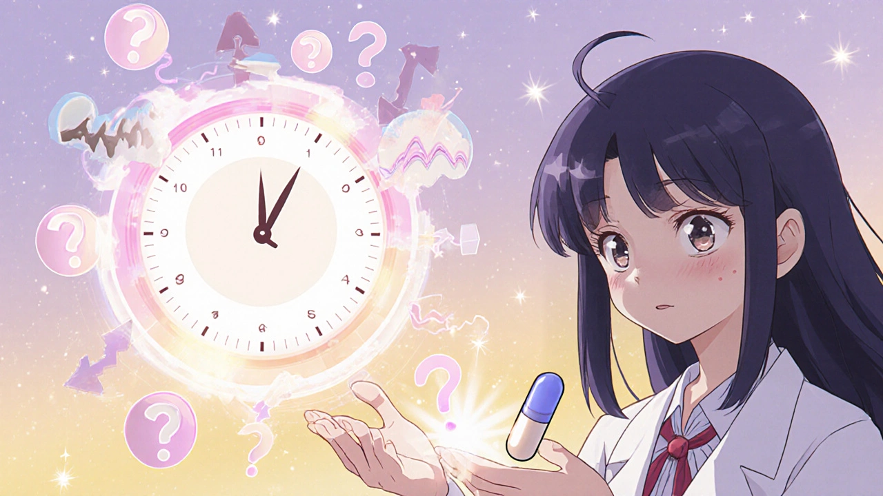 A fading 6-cycle clock dissolving into fertility icons as a doctor offers new treatment options.