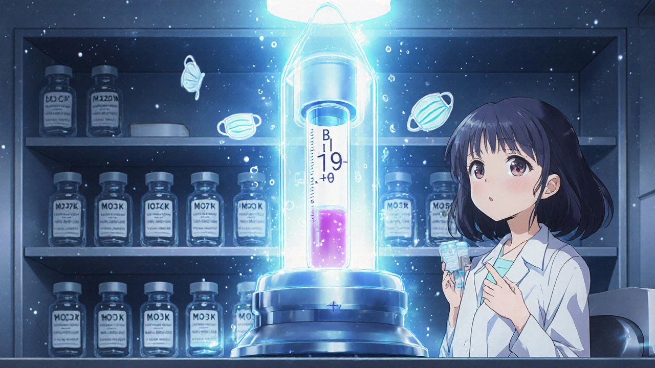 A glowing B-cell counter pulses with magical runes, representing future personalized vaccine timing.