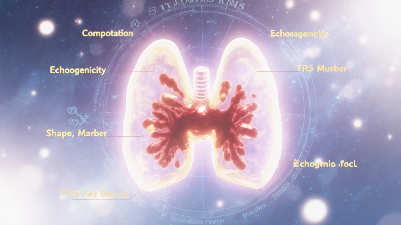 A glowing thyroid gland with color-coded nodules and animated TI-RADS feature labels floating in space.