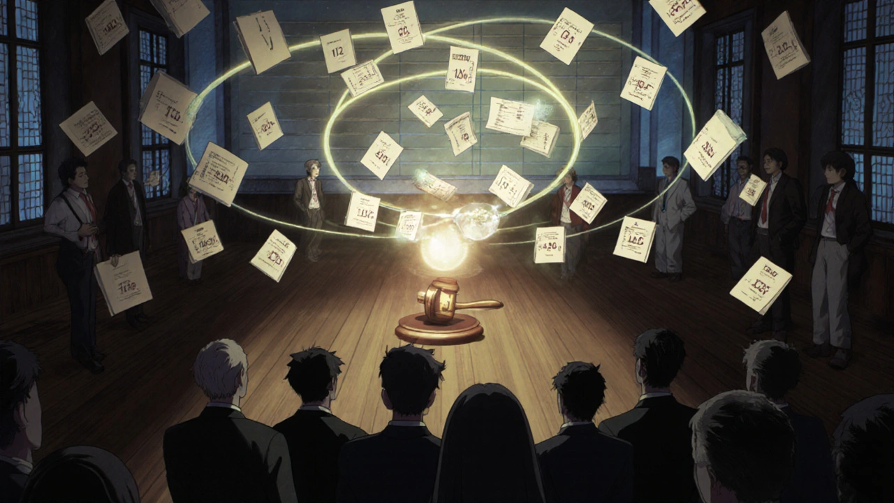 A judge’s gavel transforms hundreds of court files into digital orbs in a glowing courtroom.