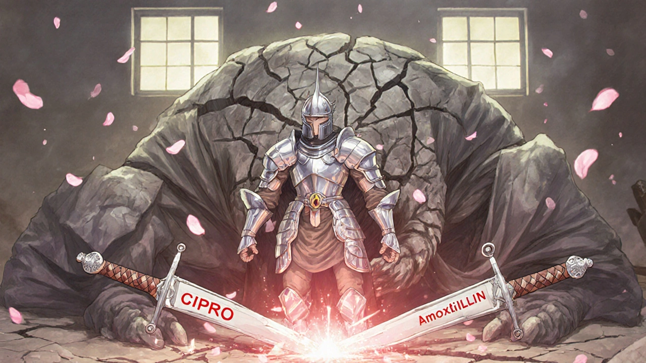 A knight in silver armor representing vancomycin fighting a cracked MRSA monster amid falling petals.